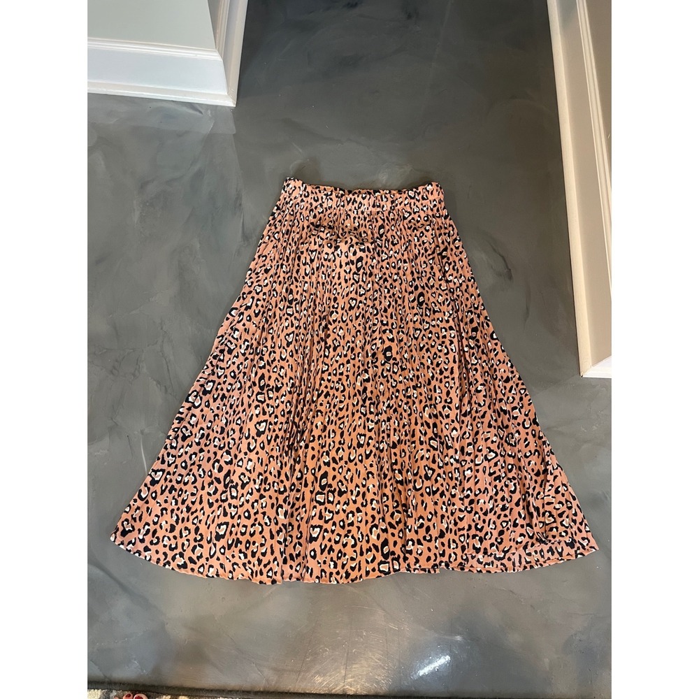 Umgee Leopard Animal Print Pleated Midi Skirt Tan Black Size L Boho Flowy